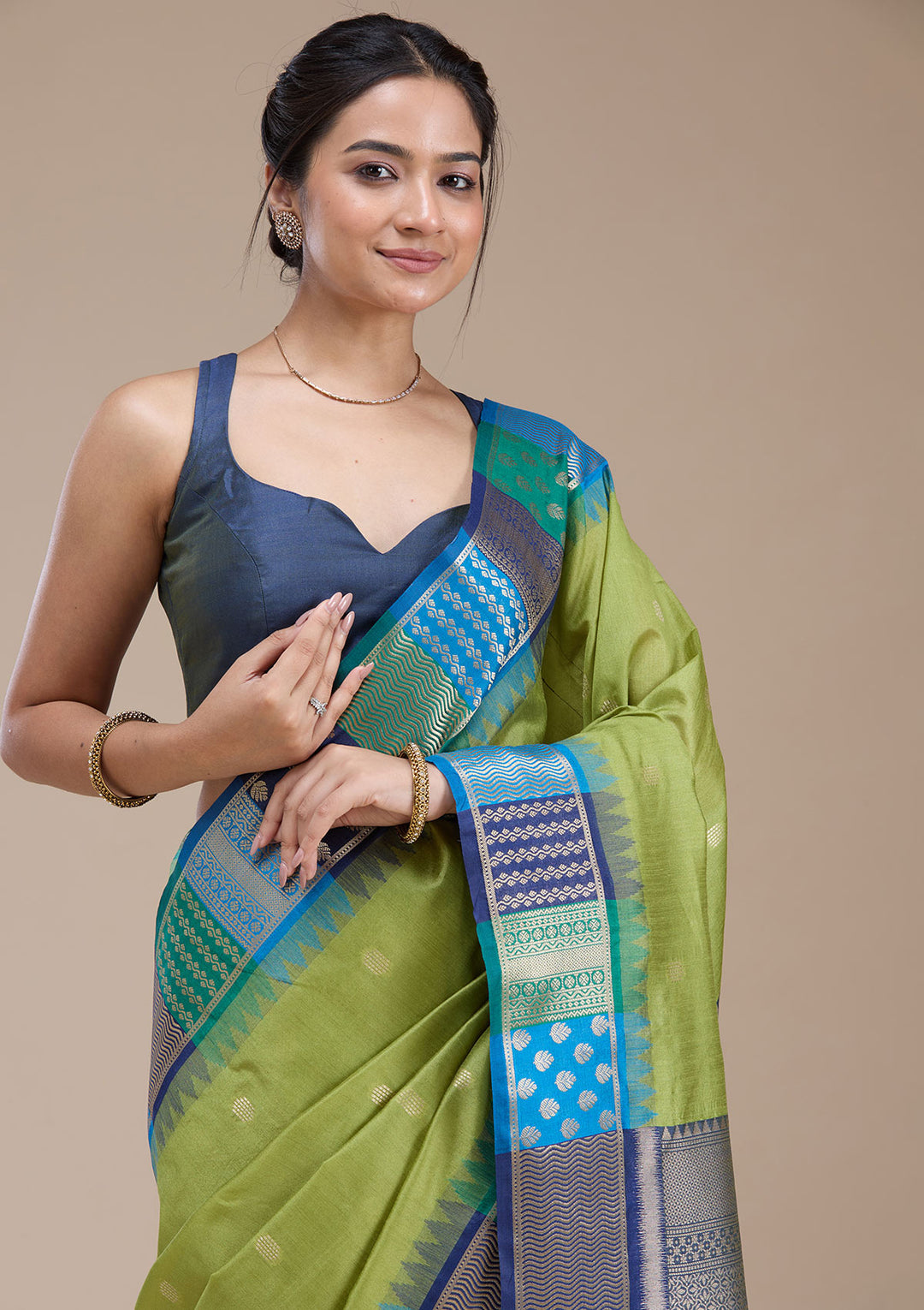 Leaf Green Silk Buti Gold Zariwork Saree With Matching Blouse Piece