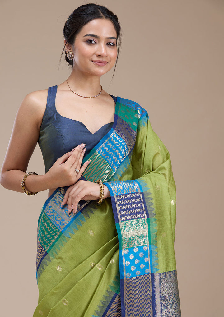 Leaf Green Silk Buti Gold Zariwork Saree With Matching Blouse Piece