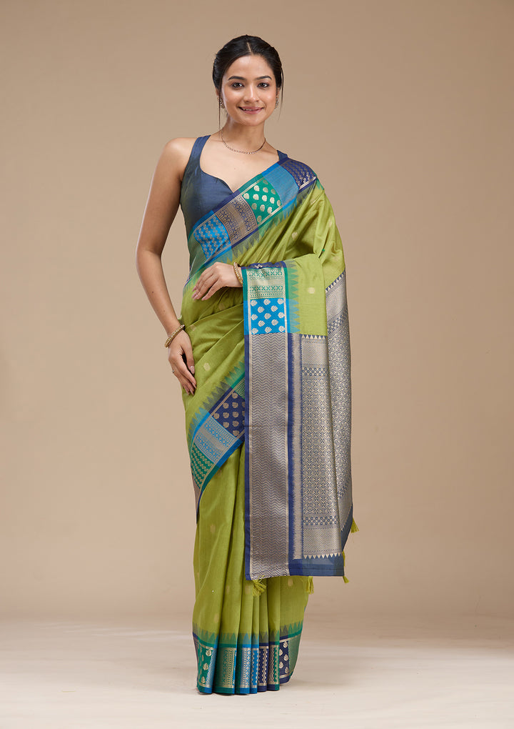 Leaf Green Silk Buti Gold Zariwork Saree With Matching Blouse Piece