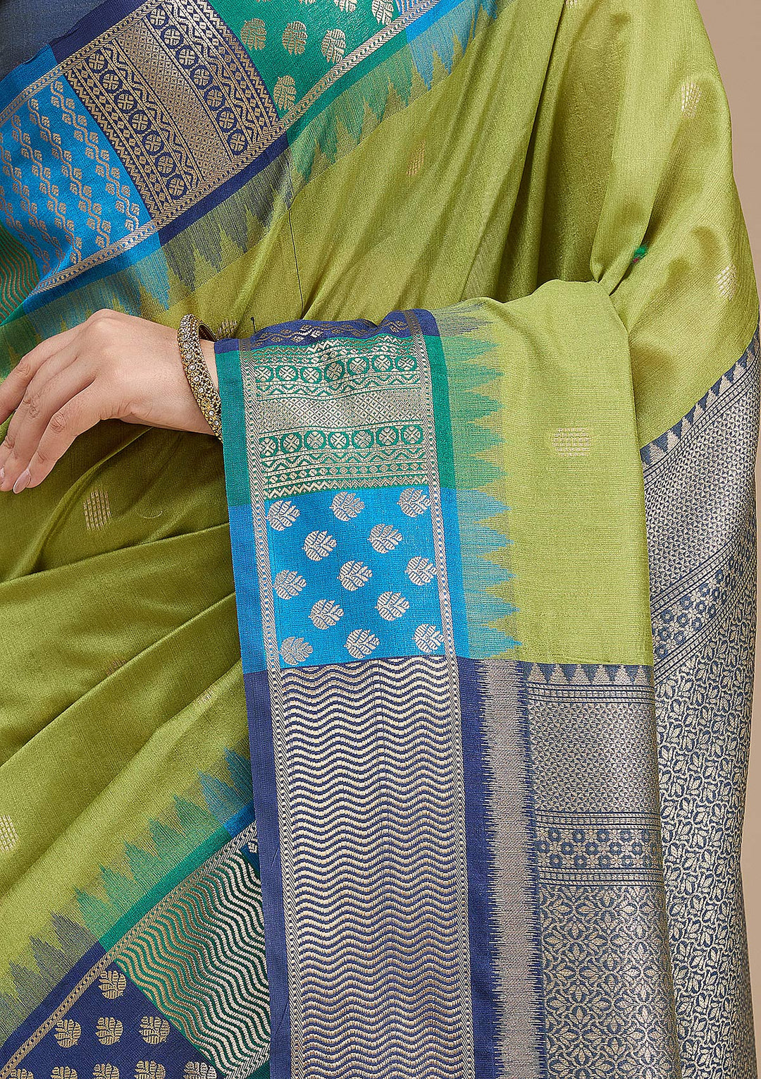 Leaf Green Silk Buti Gold Zariwork Saree With Matching Blouse Piece