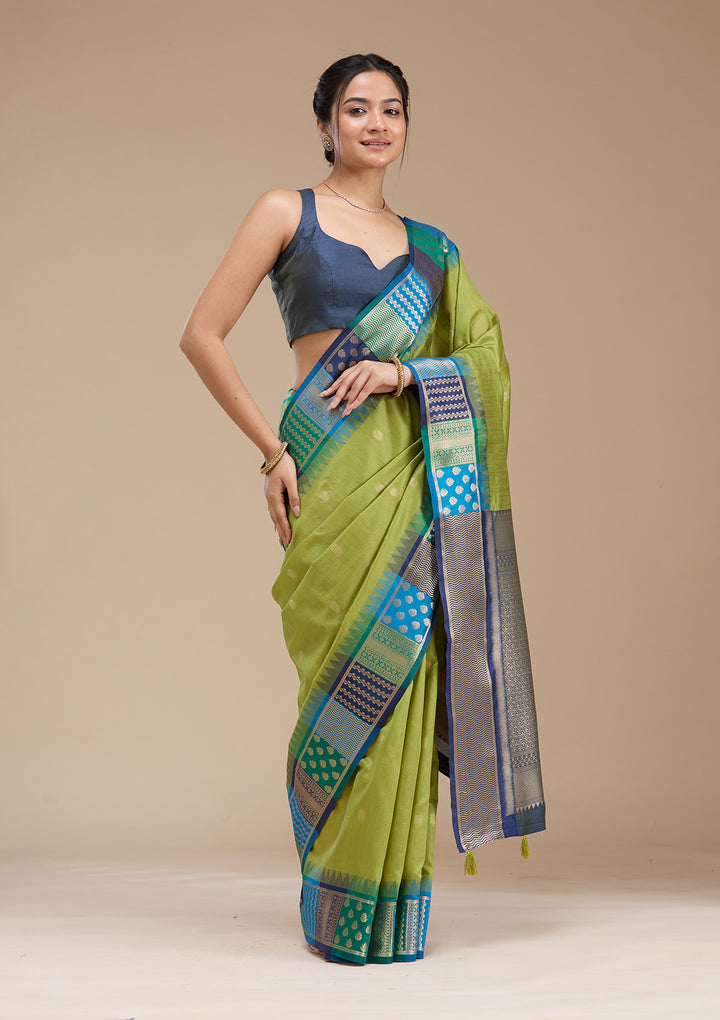 Leaf Green Silk Buti Gold Zariwork Saree With Matching Blouse Piece