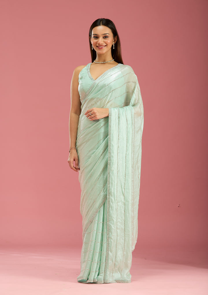 Pista Green Zariwork (Gold) Chinon Saree