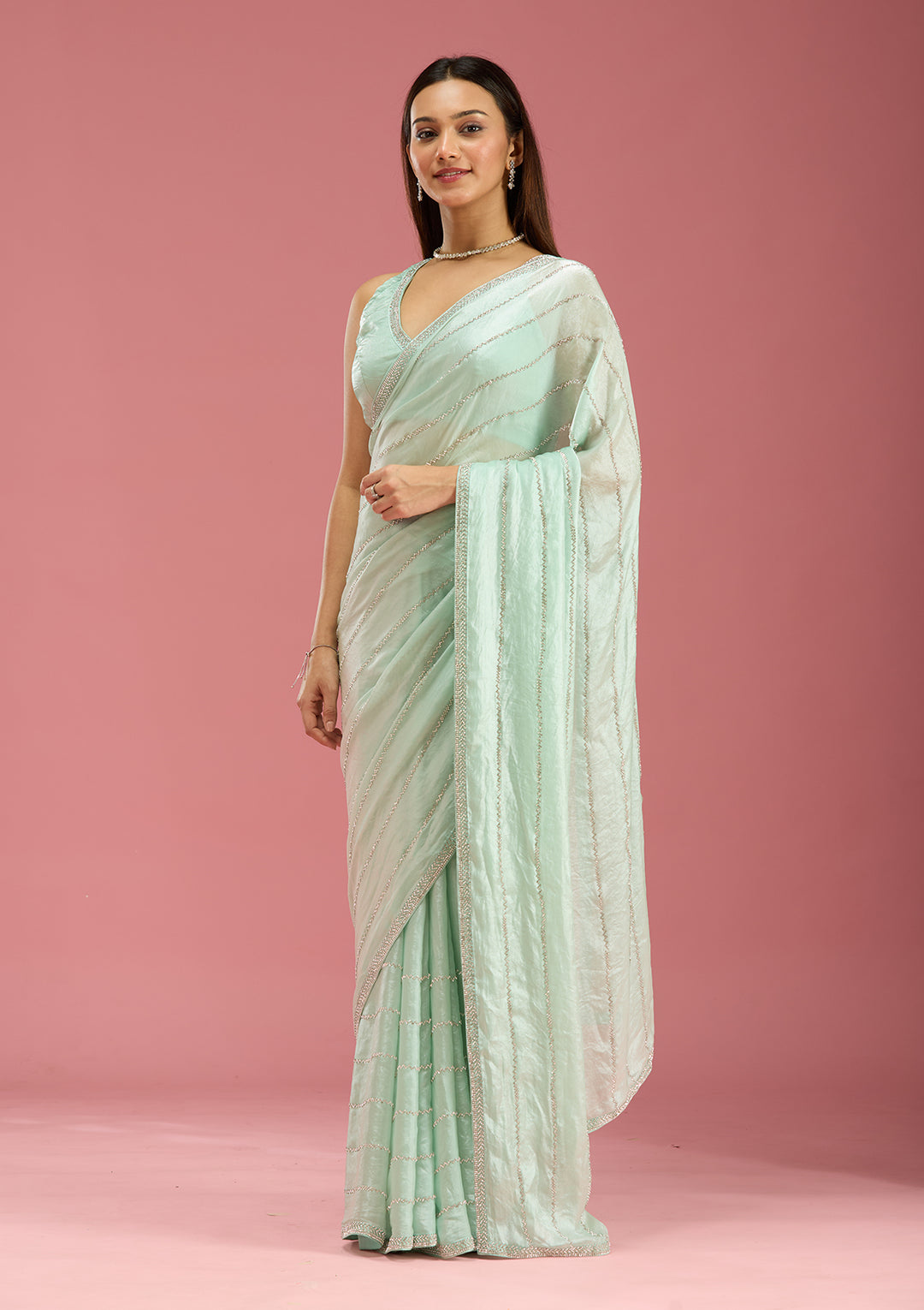 Pista Green Zariwork (Gold) Chinon Saree