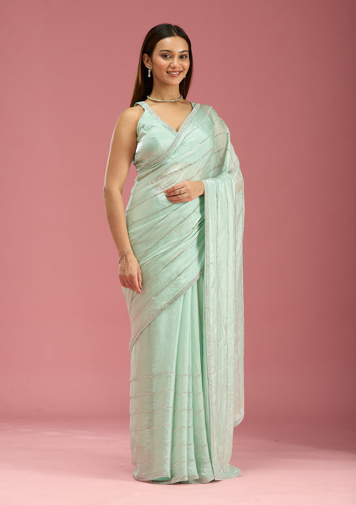 Pista Green Zariwork (Gold) Chinon Saree