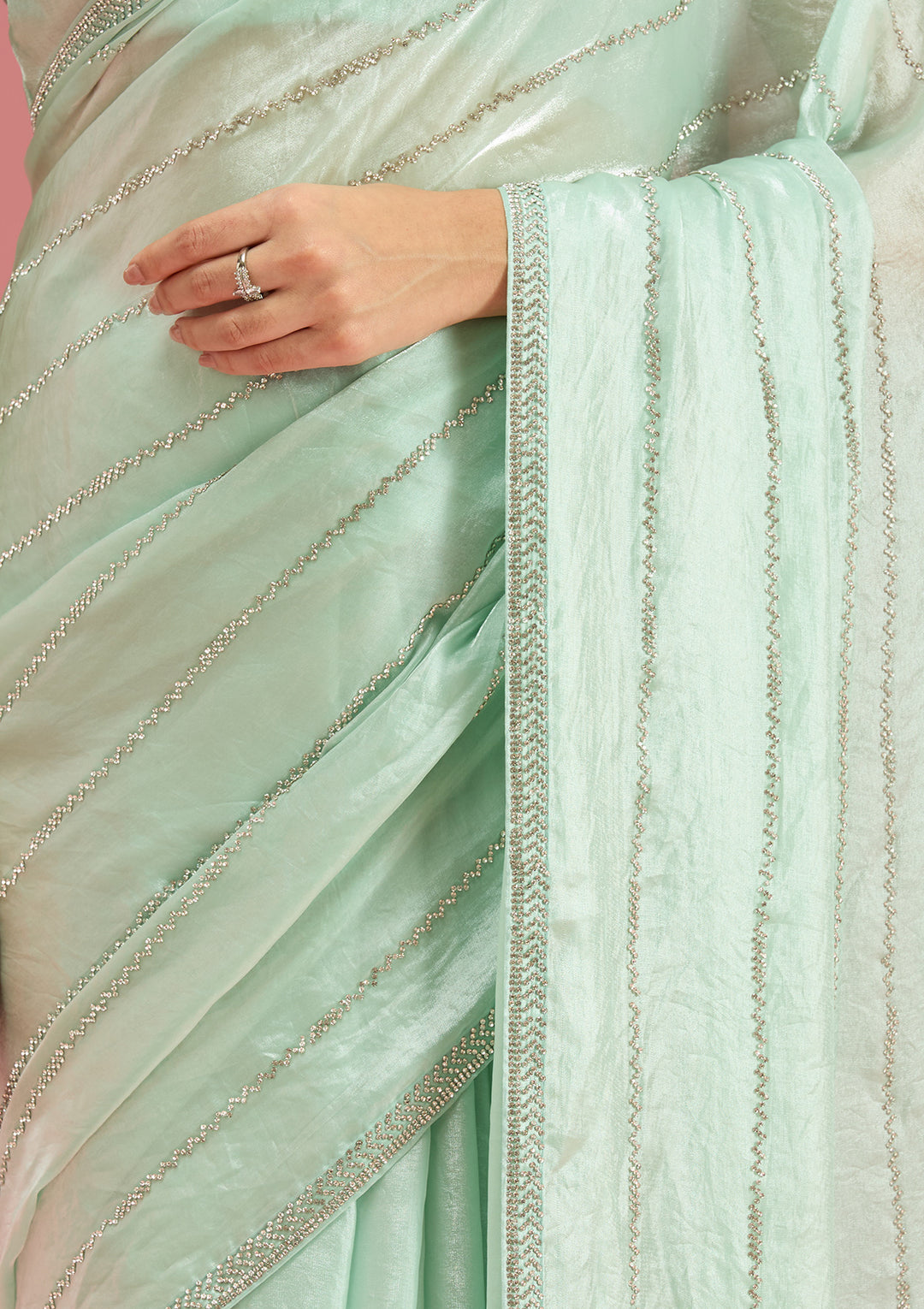 Pista Green Zariwork (Gold) Chinon Saree