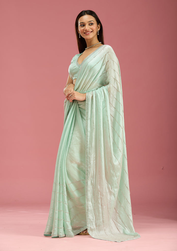 Pista Green Zariwork (Gold) Chinon Saree