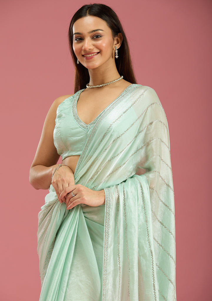 Pista Green Zariwork (Gold) Chinon Saree