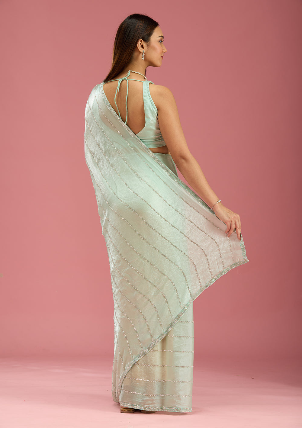 Pista Green Zariwork (Gold) Chinon Saree