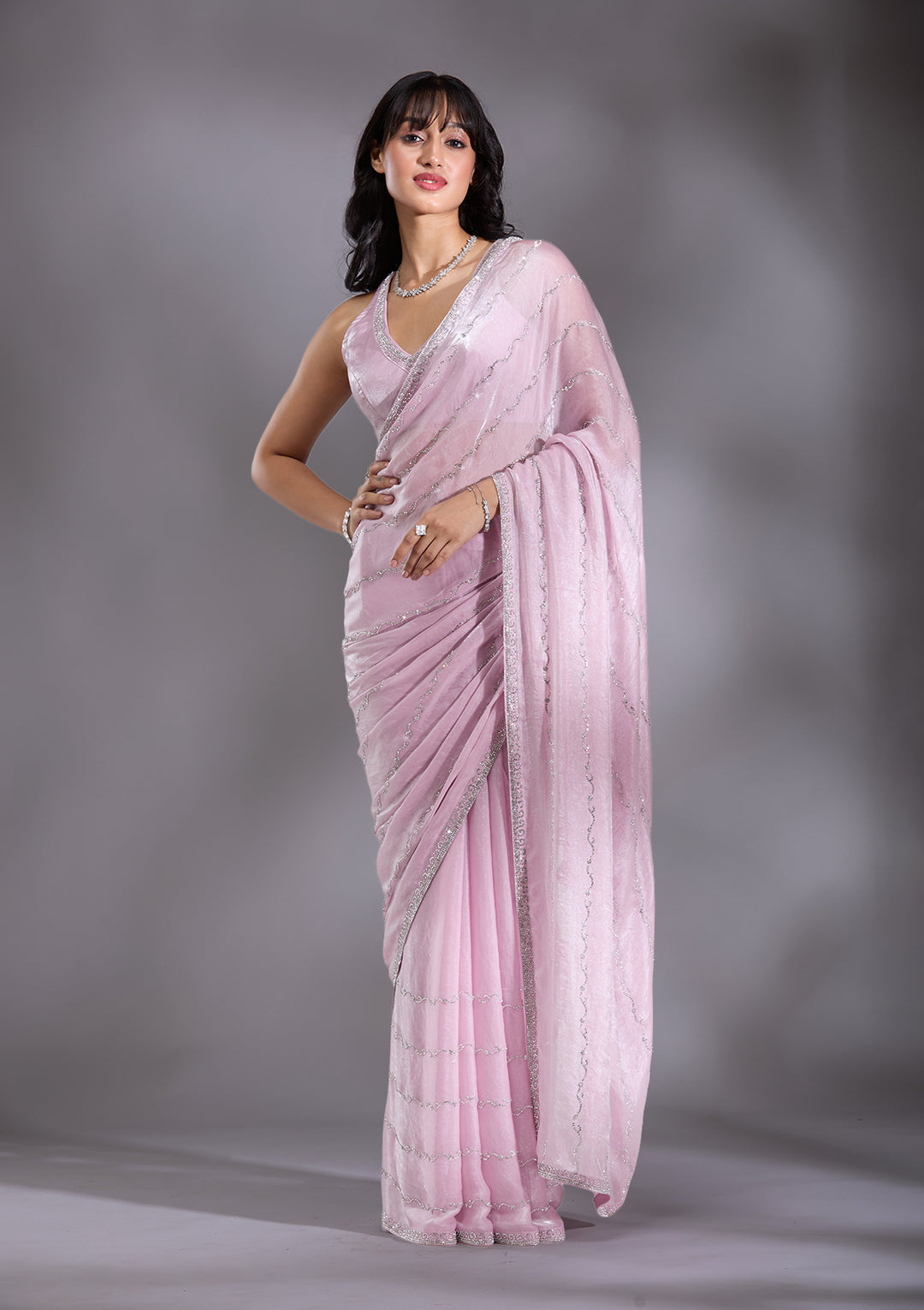 Onion Pink Tissue Gold Zariwork Saree With Matching Blouse Piece
