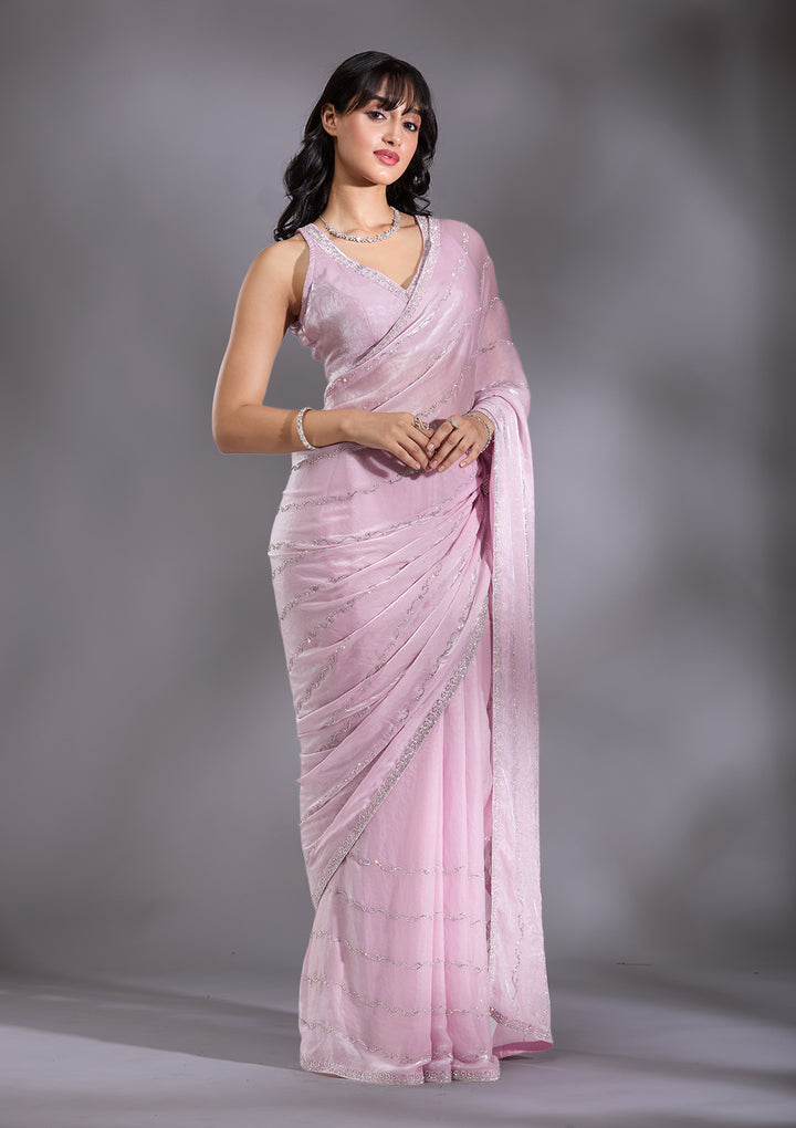 Onion Pink Tissue Gold Zariwork Saree With Matching Blouse Piece