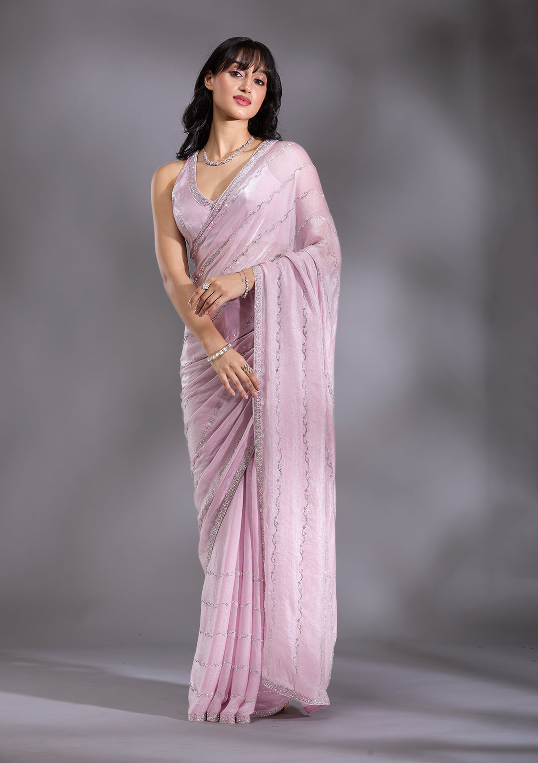 Onion Pink Tissue Gold Zariwork Saree With Matching Blouse Piece