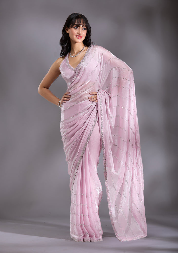 Onion Pink Tissue Gold Zariwork Saree With Matching Blouse Piece