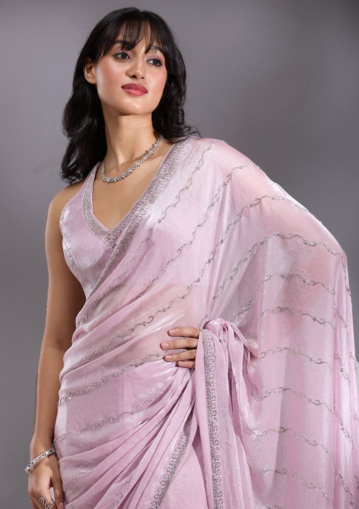 Onion Pink Tissue Gold Zariwork Saree With Matching Blouse Piece