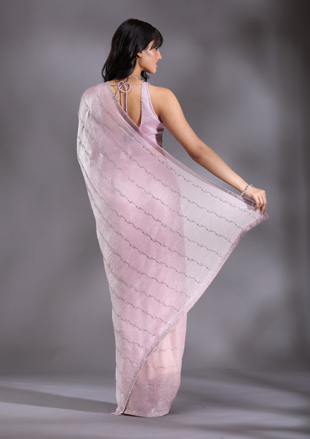Onion Pink Tissue Gold Zariwork Saree With Matching Blouse Piece