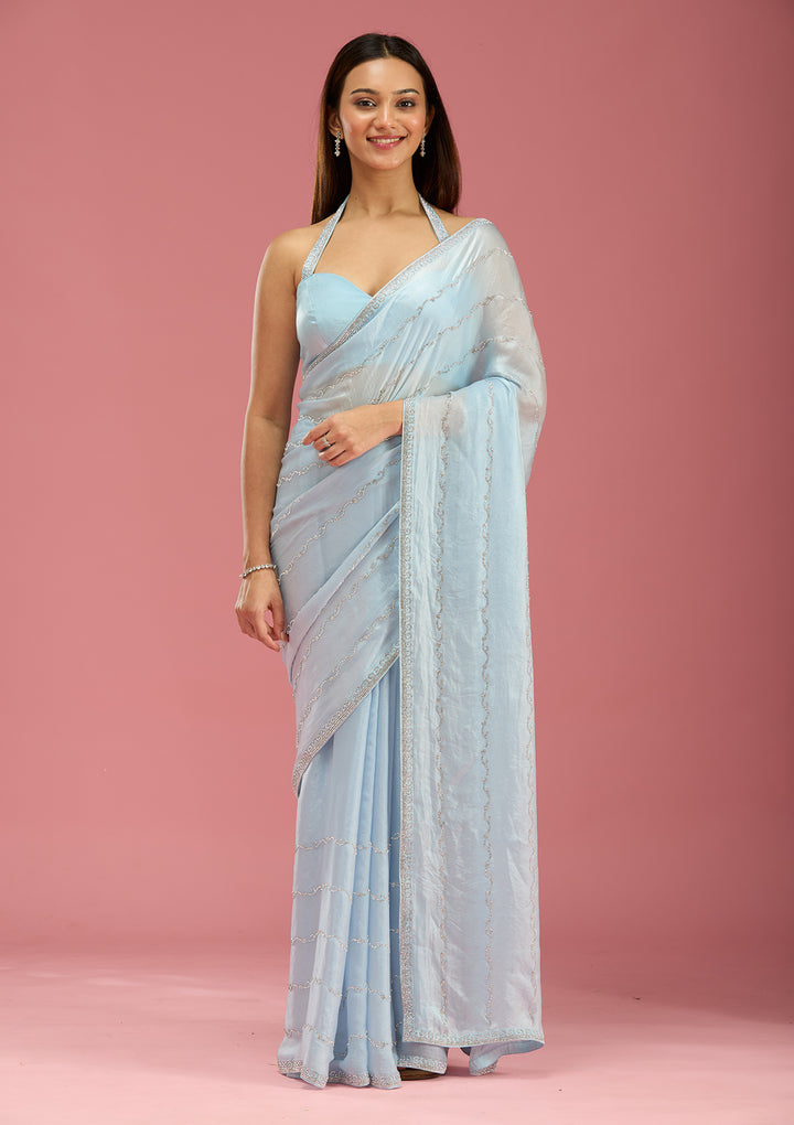 Sky Blue Zariwork (Gold) Chinon Saree