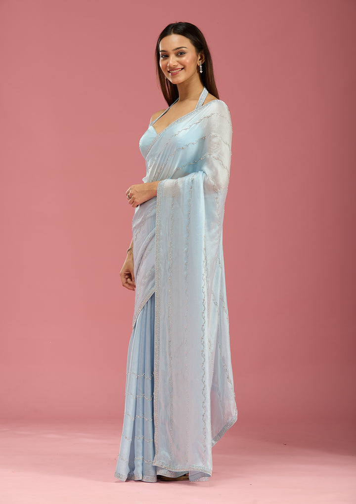 Sky Blue Zariwork (Gold) Chinon Saree