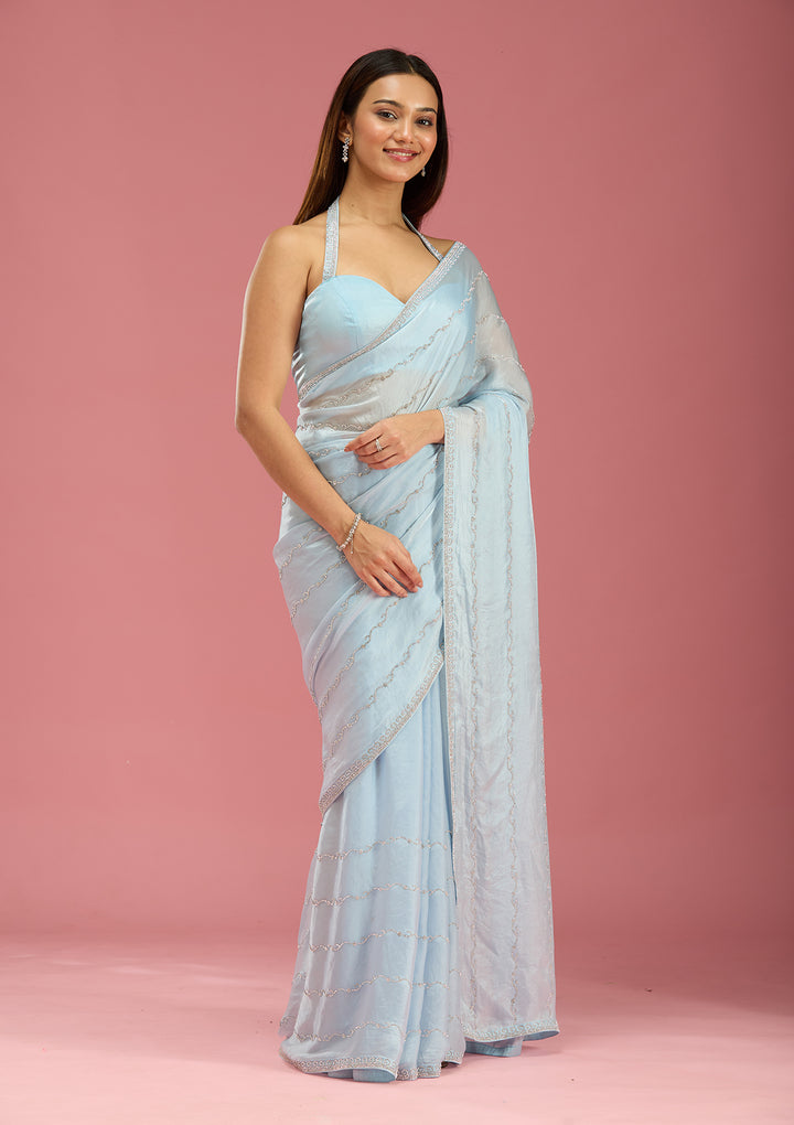 Sky Blue Zariwork (Gold) Chinon Saree