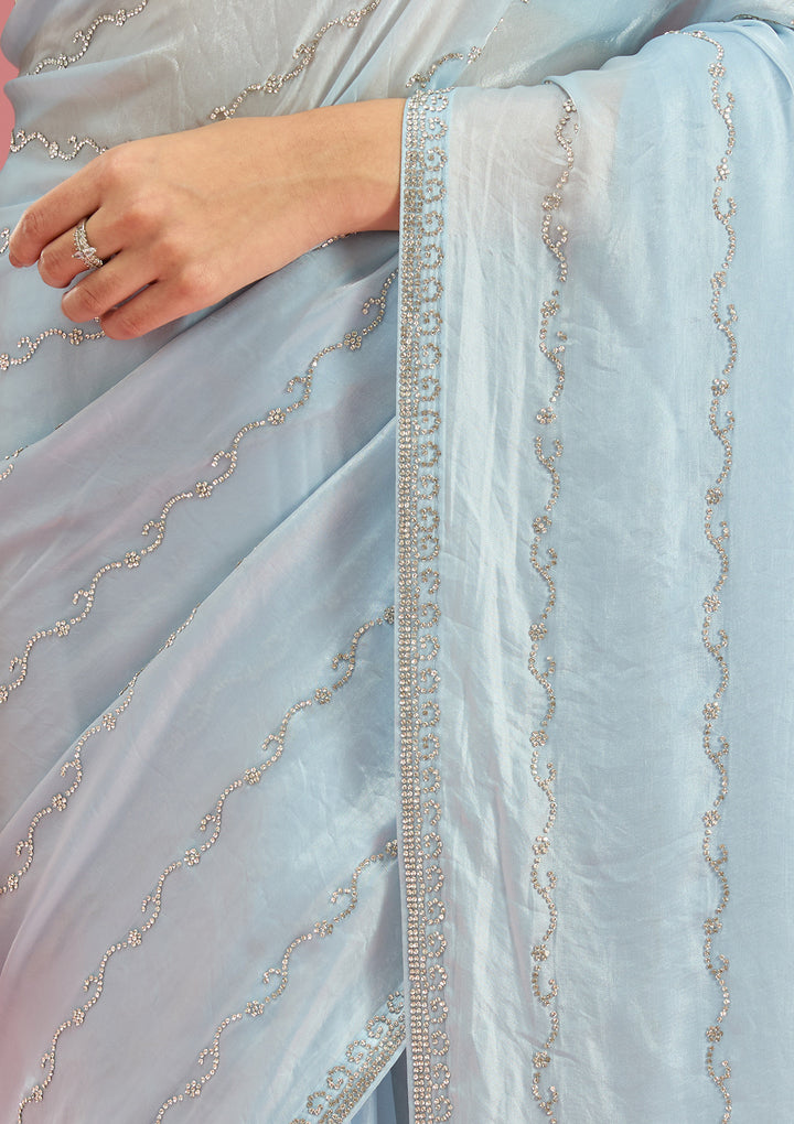 Sky Blue Zariwork (Gold) Chinon Saree