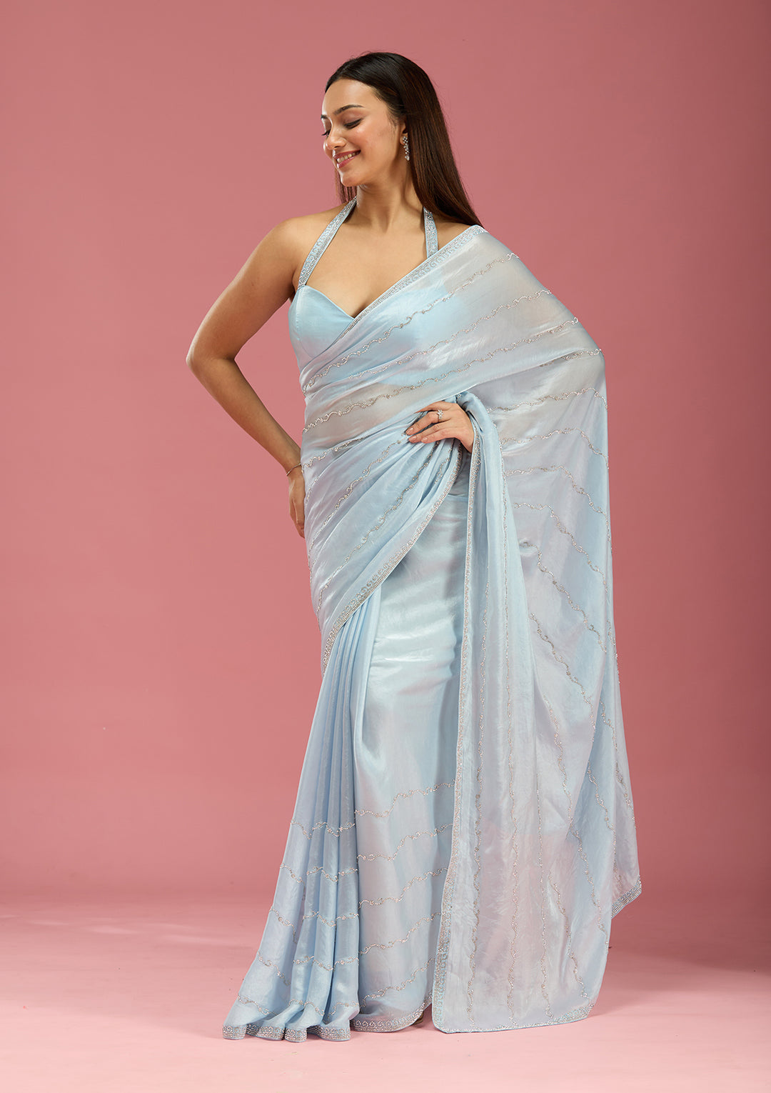 Sky Blue Zariwork (Gold) Chinon Saree