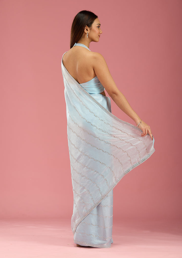 Sky Blue Zariwork (Gold) Chinon Saree