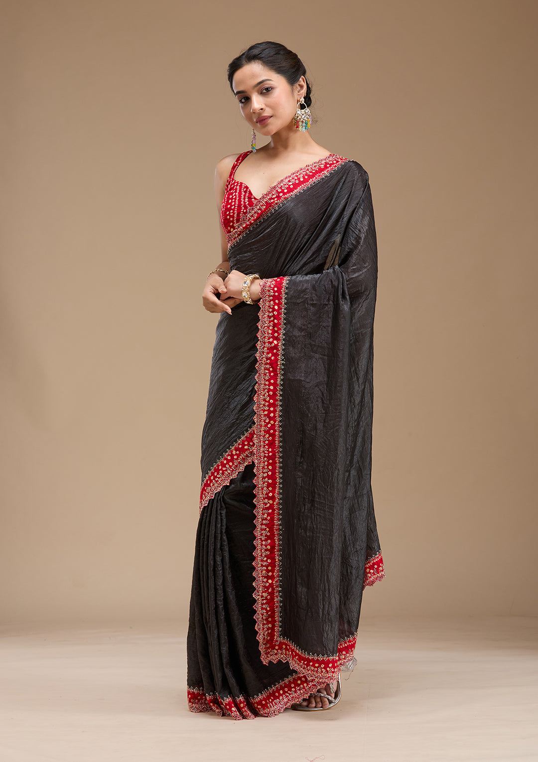Black Printed Satin Saree
