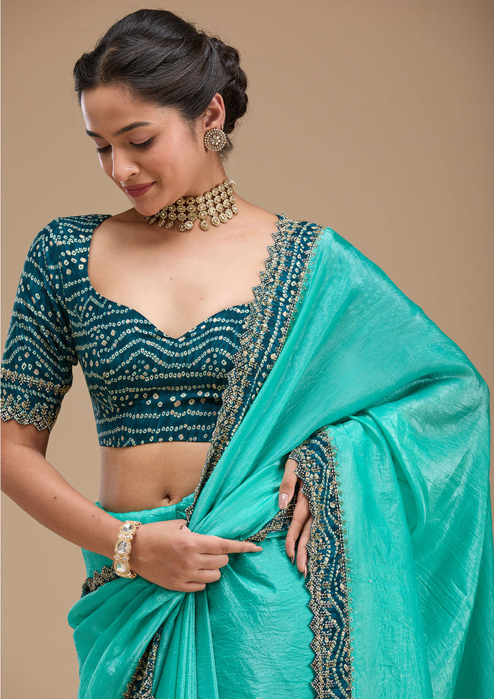 Sea Green Printed Satin Saree