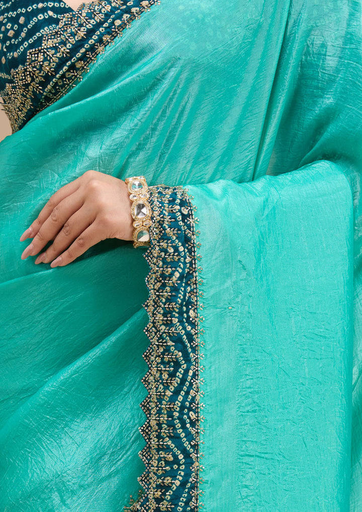 Sea Green Printed Satin Saree
