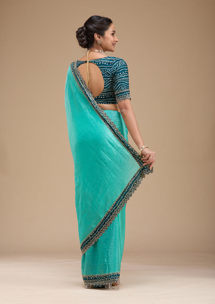 Sea Green Printed Satin Saree