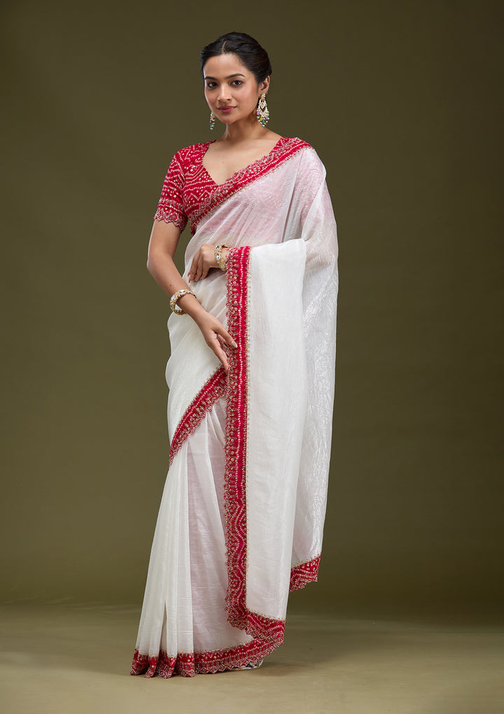 White Printed Satin Saree