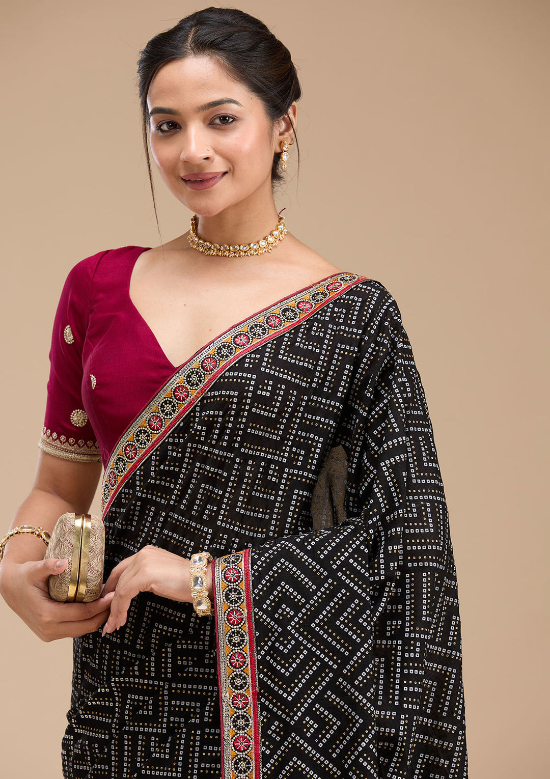 Black Soft Raw Silk Bandhej Gold Zariwork Saree With Matching Blouse Piece