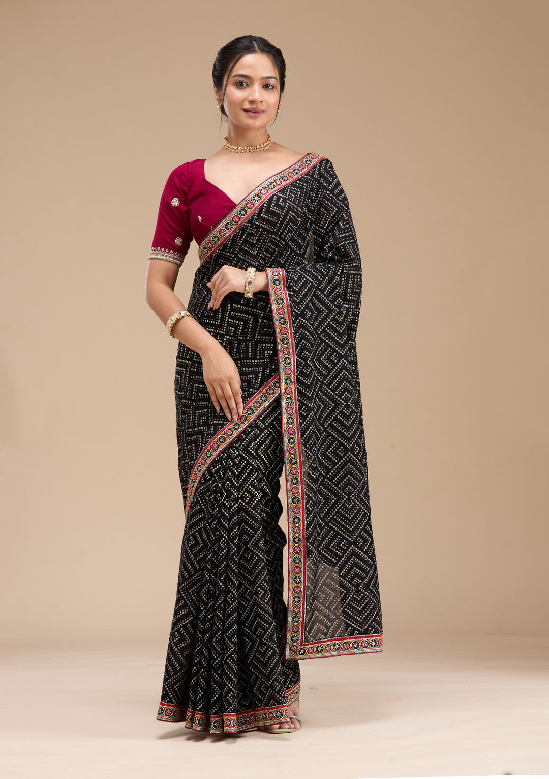 Black Soft Raw Silk Bandhej Gold Zariwork Saree With Matching Blouse Piece