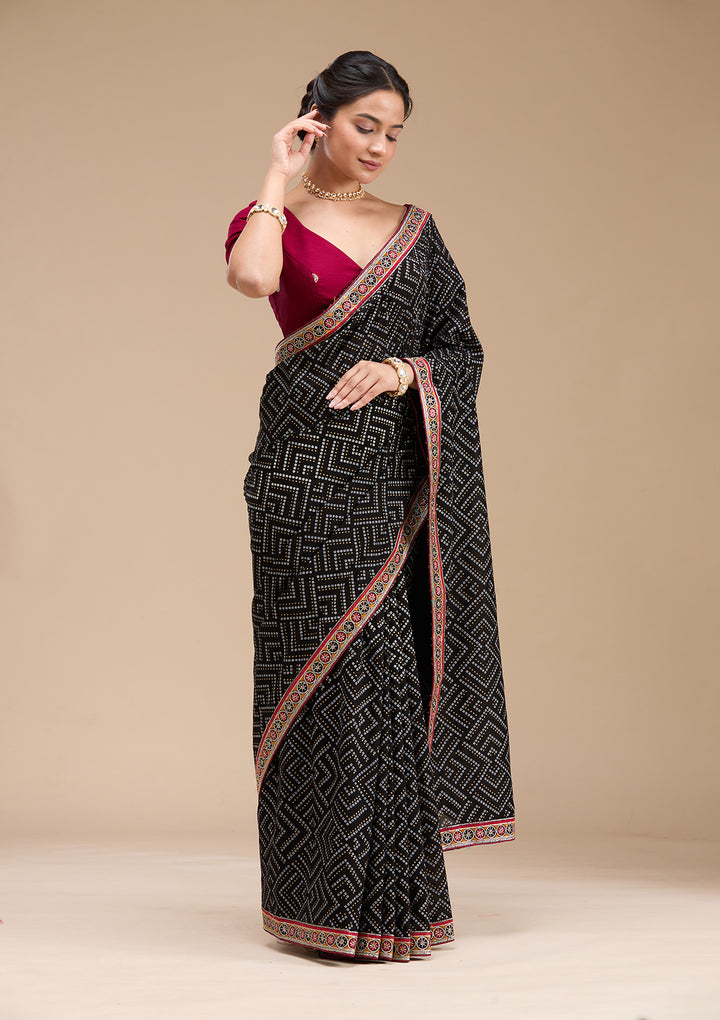 Black Soft Raw Silk Bandhej Gold Zariwork Saree With Matching Blouse Piece