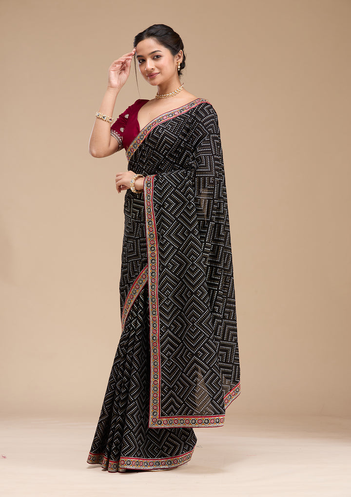 Black Soft Raw Silk Bandhej Gold Zariwork Saree With Matching Blouse Piece