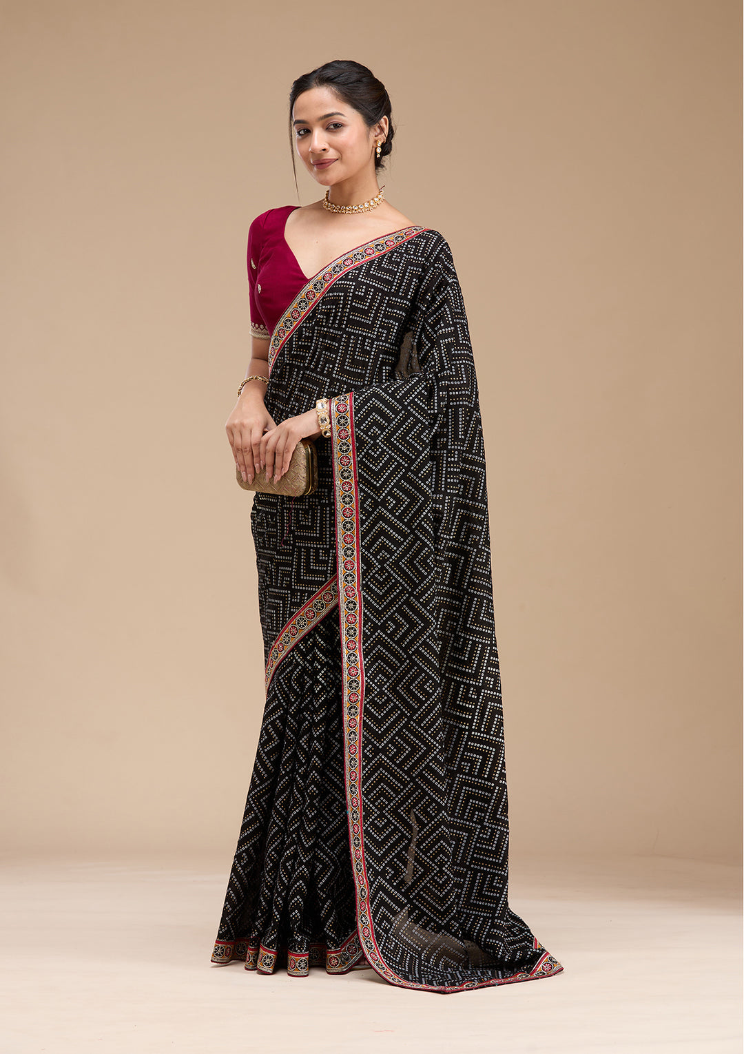 Black Soft Raw Silk Bandhej Gold Zariwork Saree With Matching Blouse Piece