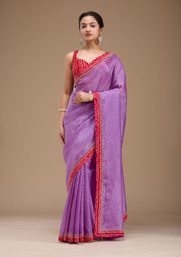 Lavender Printed Satin Saree