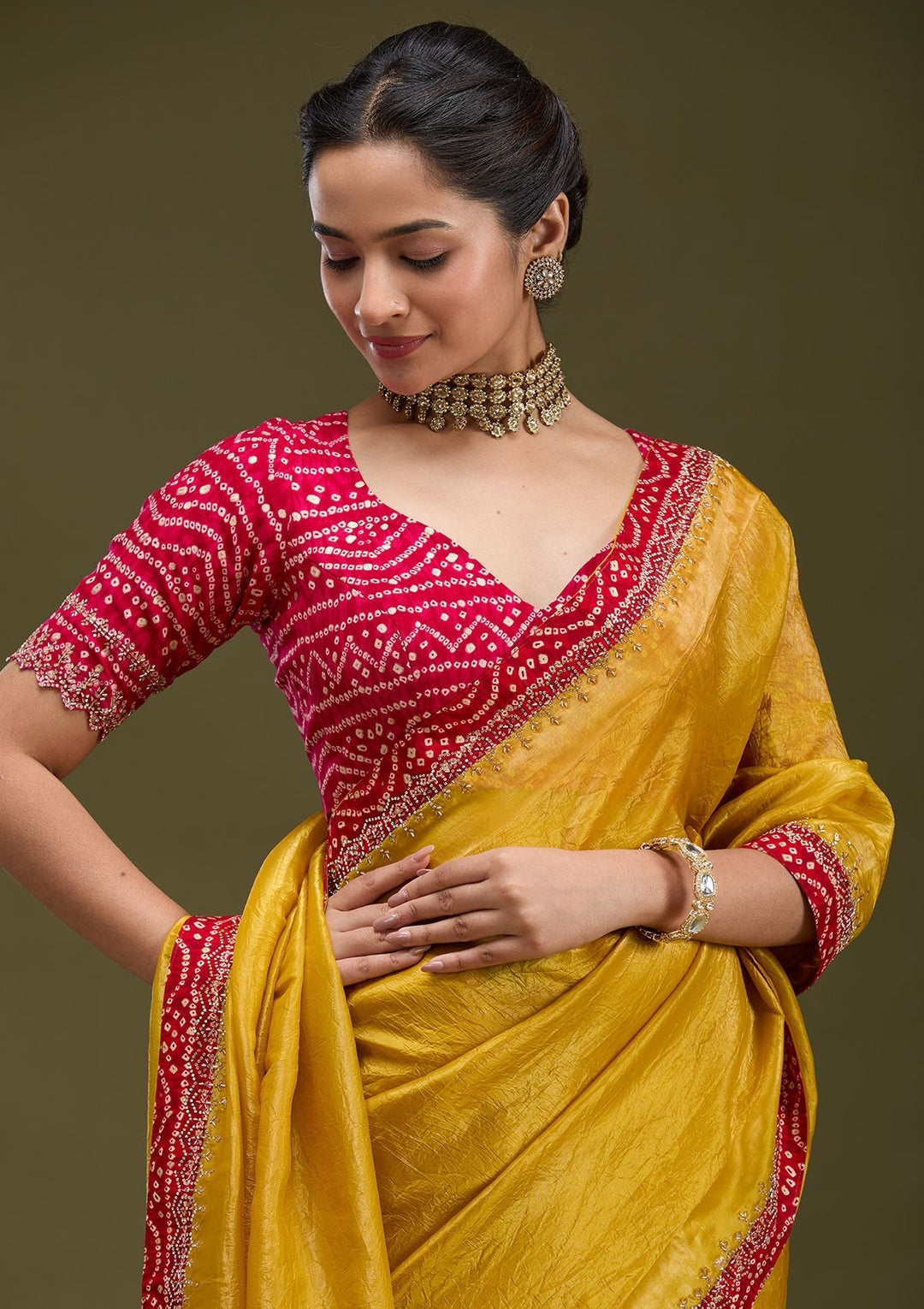 Mustard Tissue Bandhej Cutdana Saree With Matching Blouse Piece