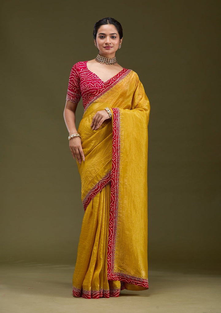 Mustard Tissue Bandhej Cutdana Saree With Matching Blouse Piece
