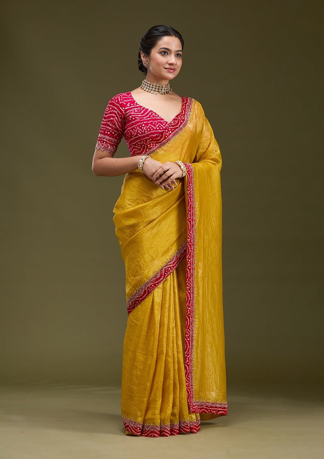Mustard Tissue Bandhej Cutdana Saree With Matching Blouse Piece