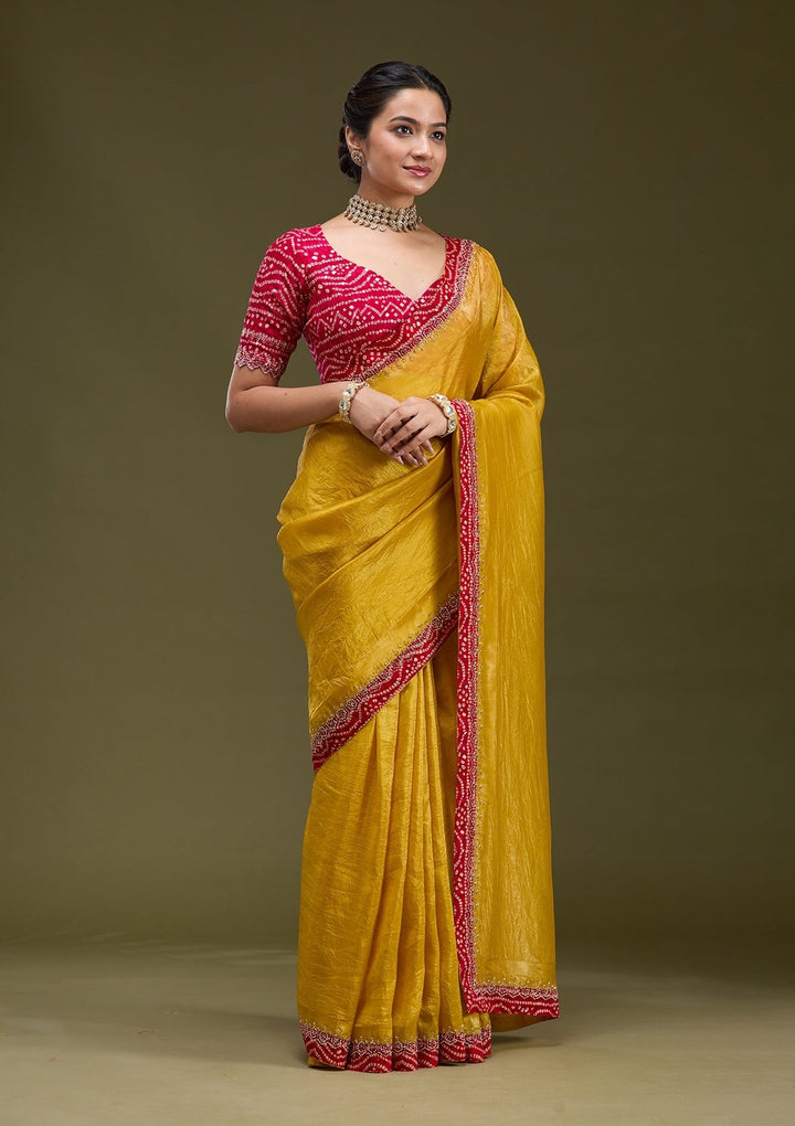 Mustard Tissue Bandhej Cutdana Saree With Matching Blouse Piece