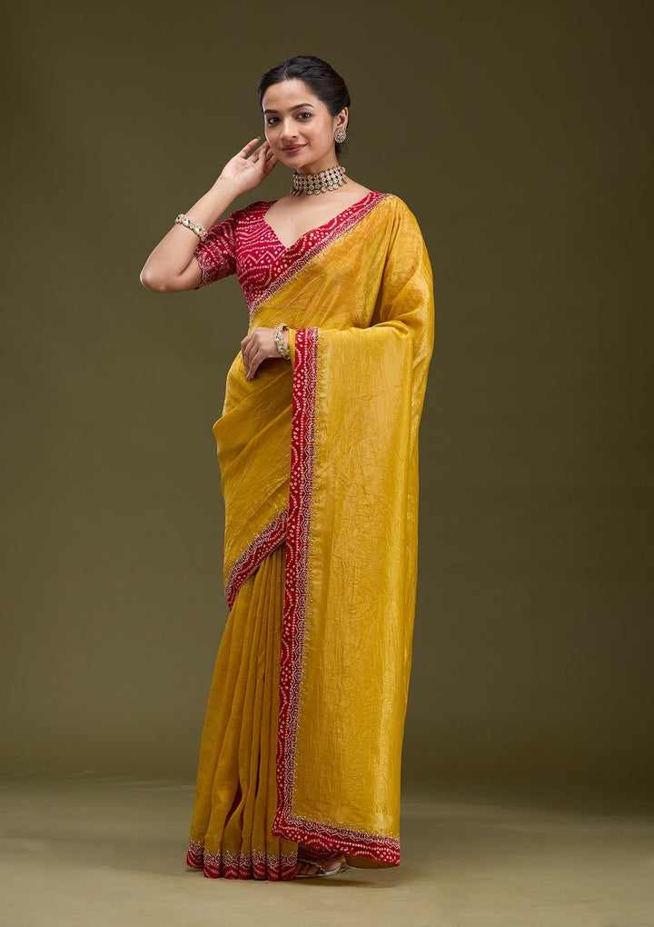 Mustard Tissue Bandhej Cutdana Saree With Matching Blouse Piece