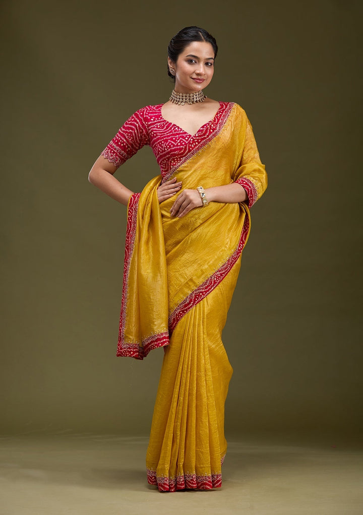 Mustard Tissue Bandhej Cutdana Saree With Matching Blouse Piece