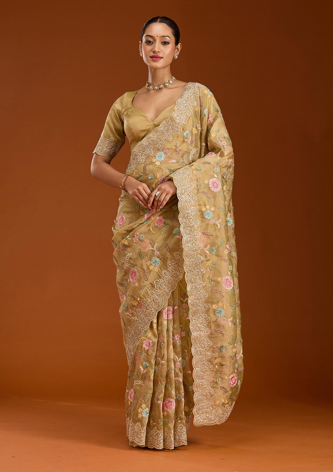 Mehendi Tissue Cording Saree With Matching Blouse Piece