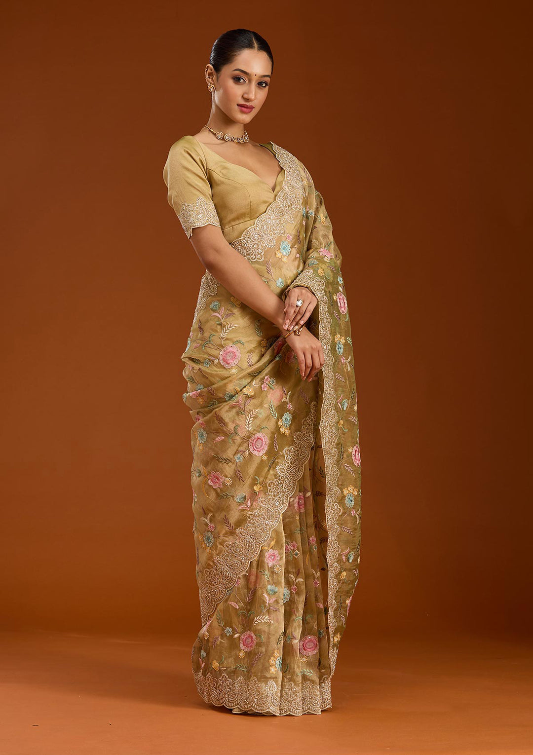 Mehendi Tissue Cording Saree With Matching Blouse Piece