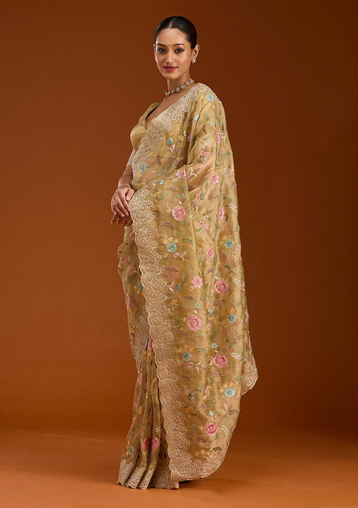 Mehendi Tissue Cording Saree With Matching Blouse Piece