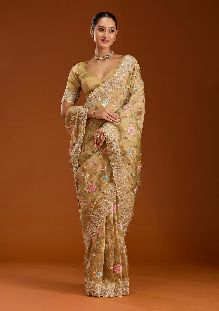 Mehendi Tissue Cording Saree With Matching Blouse Piece