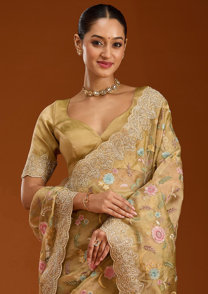 Mehendi Tissue Cording Saree With Matching Blouse Piece
