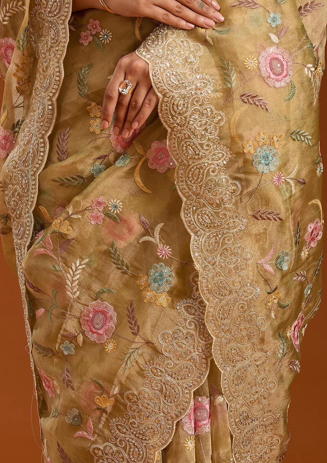 Mehendi Tissue Cording Saree With Matching Blouse Piece