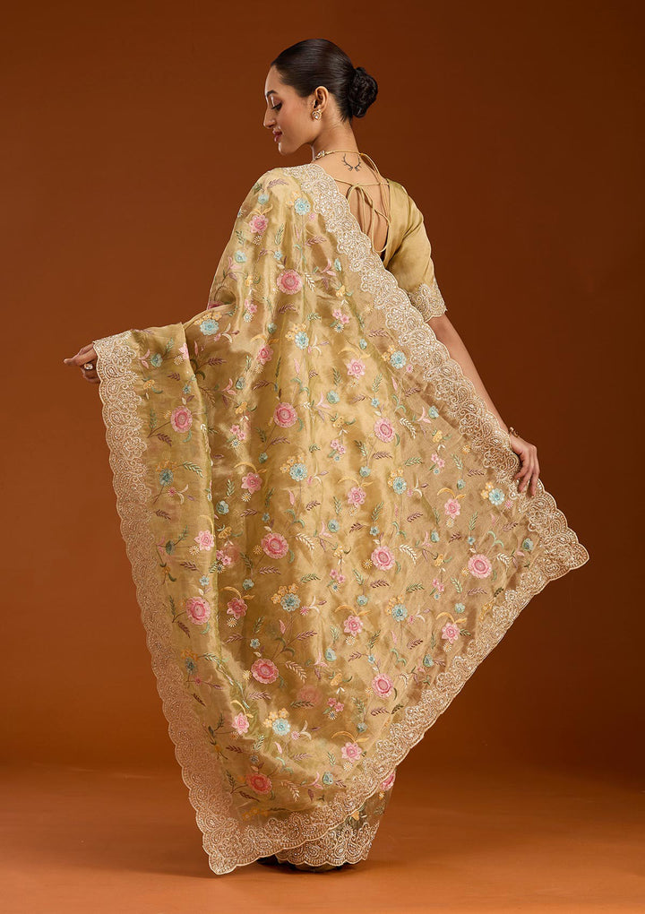 Mehendi Tissue Cording Saree With Matching Blouse Piece