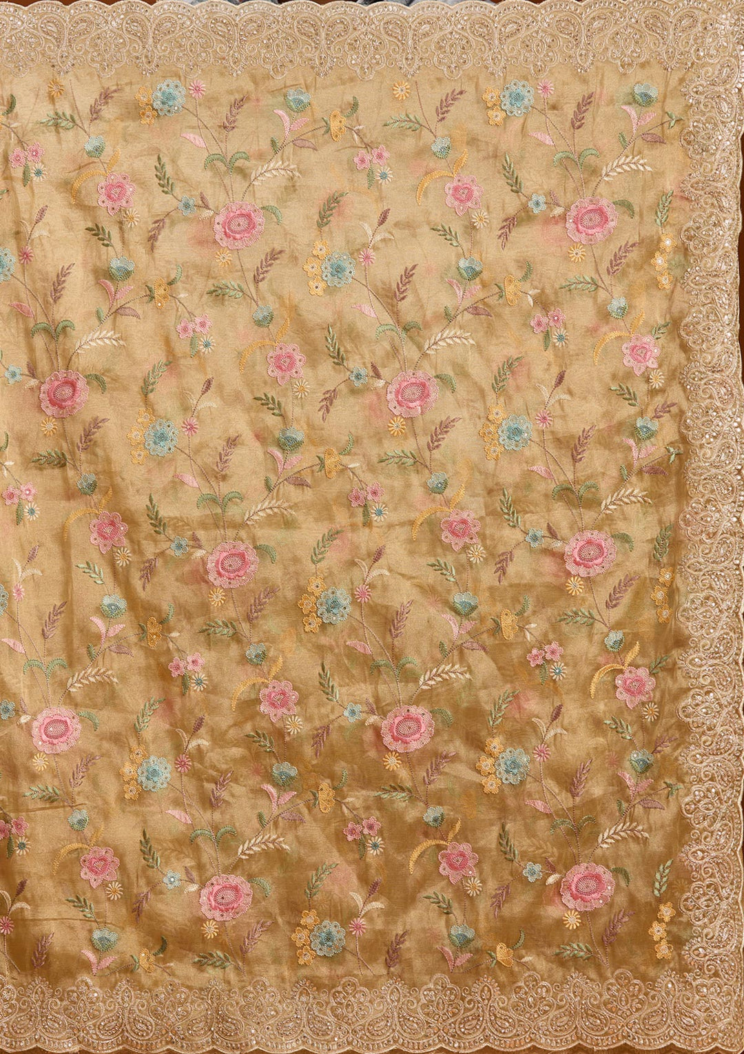 Mehendi Tissue Cording Saree With Matching Blouse Piece