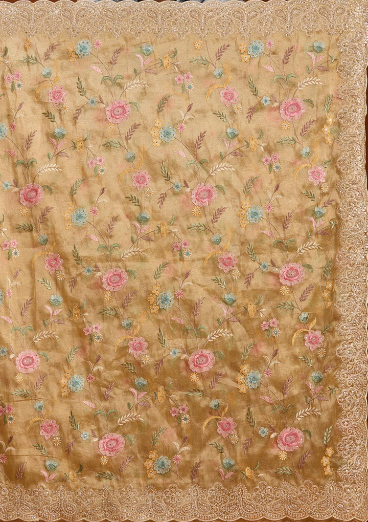 Mehendi Tissue Cording Saree With Matching Blouse Piece